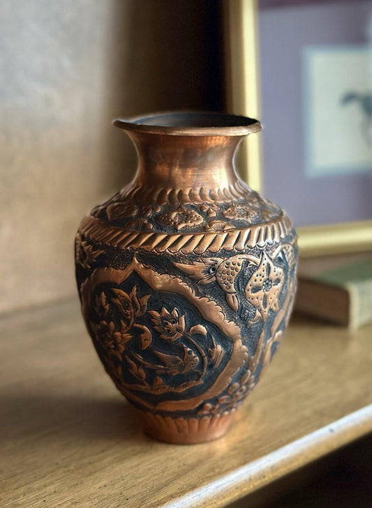 Antique Handmade Persian Copper Vase Etched Birds Floral Engraved 7”