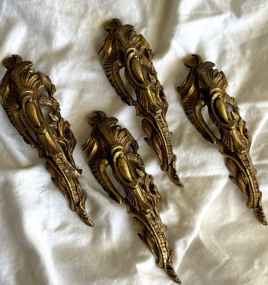 Set 4 Antique Gilt Metal Furniture Mounts French Louis XV Rococo Appliques AM 6”