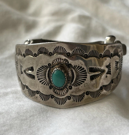 Vintage Sterling Silver Turquoise Hair Barrette Southwestern Stamped Hair Clip