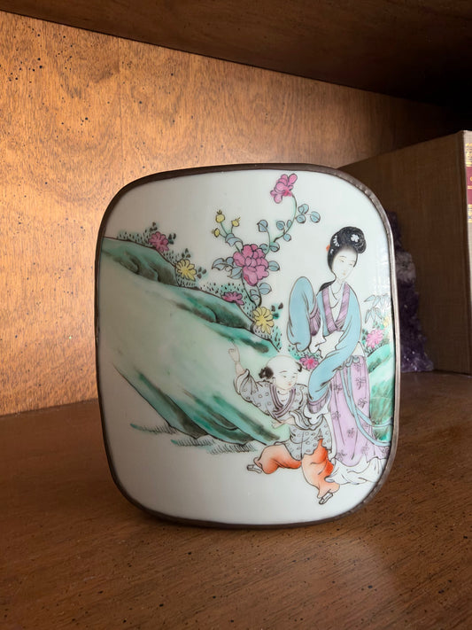 Vintage Porcelain Shard Box with Brass Frame, Lady and Child