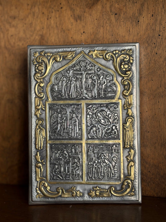 Vintage Embossed Orthodox Icon Plaque, Crucifixion and Four Feasts