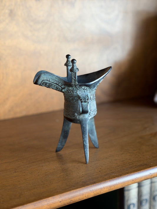 Vintage Chinese Bronze Jue Tripod Libation Cup, Archaic Wine Vessel