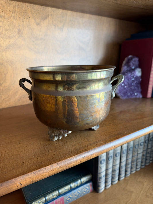 Vintage Hammered Brass Cachepot Planter with Cast Handles and Feet
