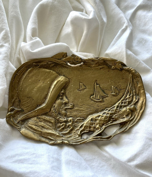 Vintage Brass Fisherman Sailor Tray Wall Plaque Nautical Pipe Fish Maritime