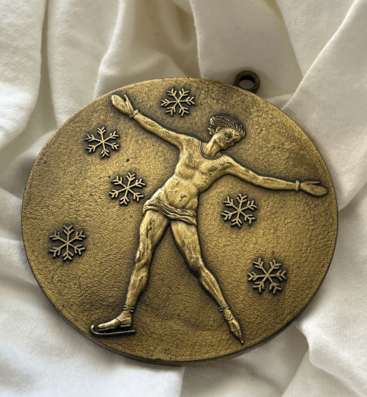 1928 St Moritz Winter Olympics Large Bronze Medal Plaque Art Deco Ice Skater