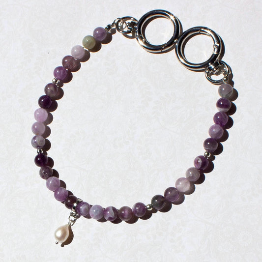 amethyst and pearl bag charm, double ring.