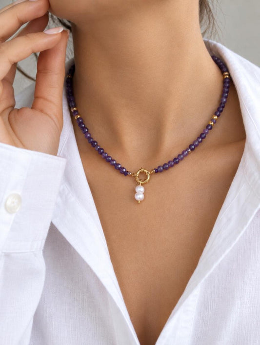 Amethyst choker with freshwater pearl drop