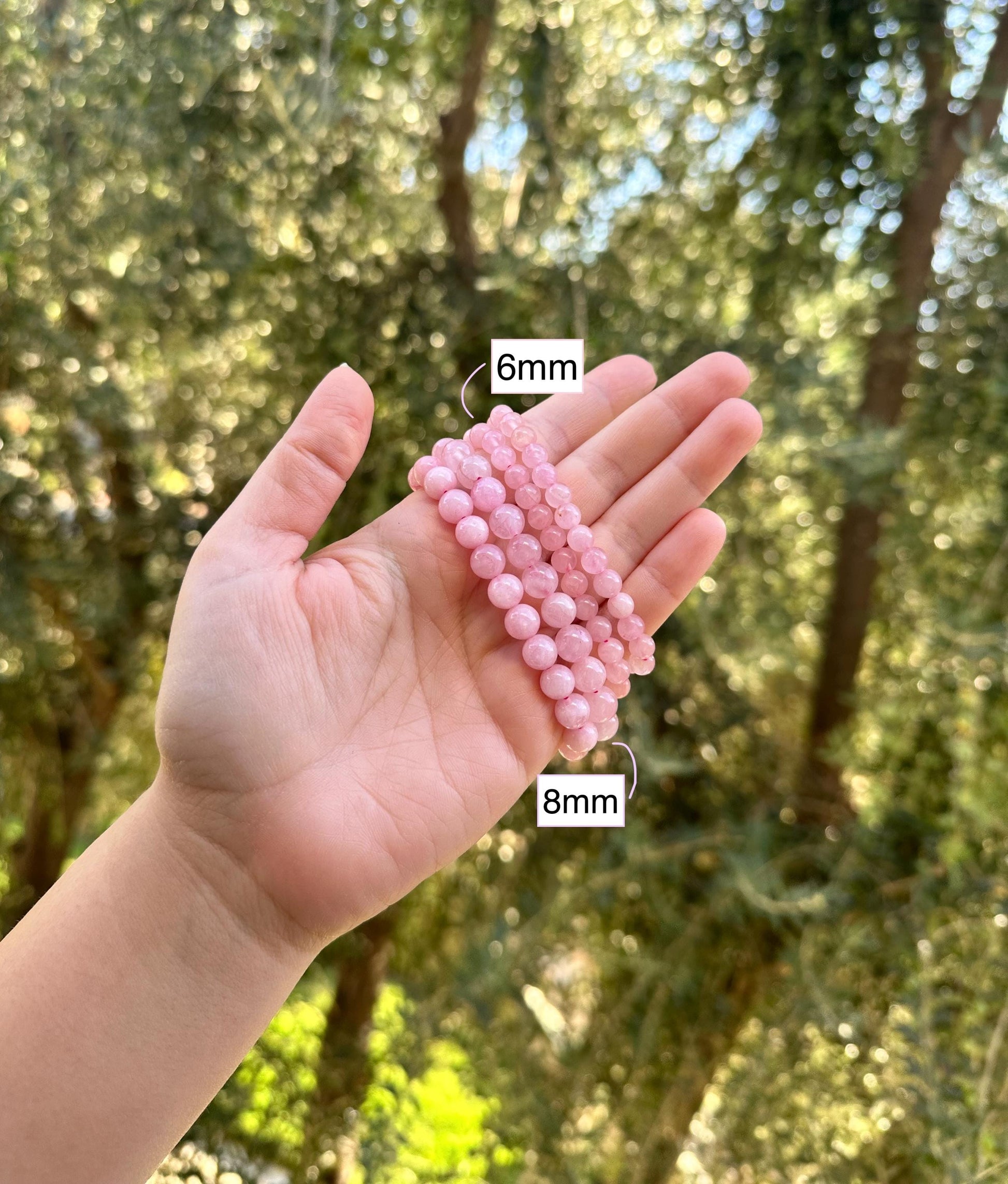 bead size chart for rose quartz beaded bracelets, sized 6mm and 8mm.