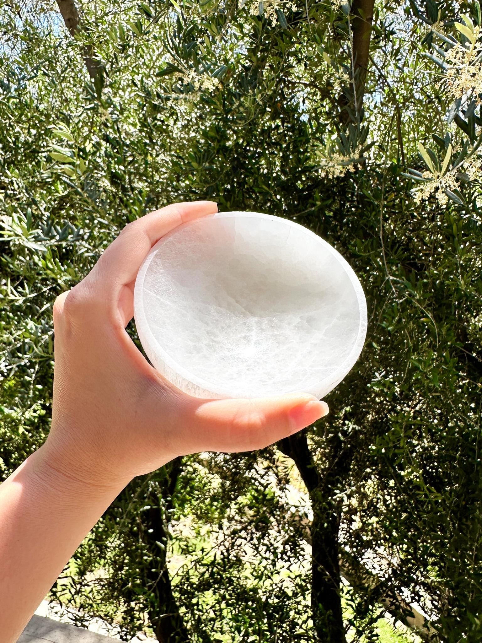 person holding a small white crystal charging bowl with olive tree in the back.