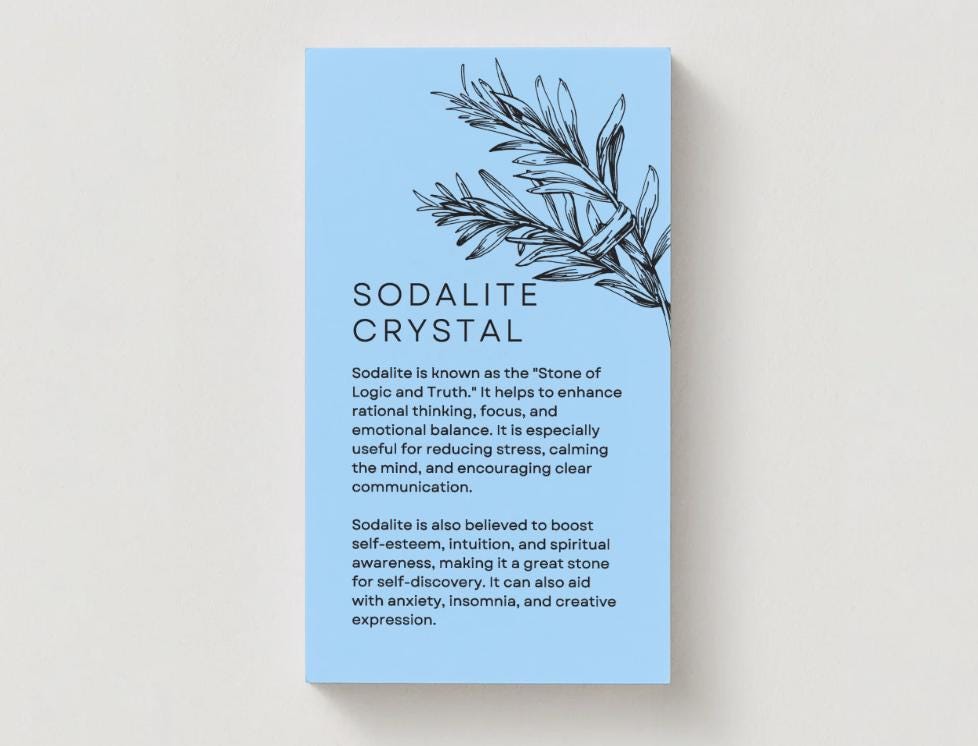 sodalite crystal meaning information card. A blue card describing the energetic properties of sodalite crystal.