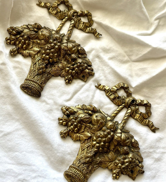 Antique Pair Cast Brass Fruit Basket Furniture Mounts Louis XVI Bow Appliques