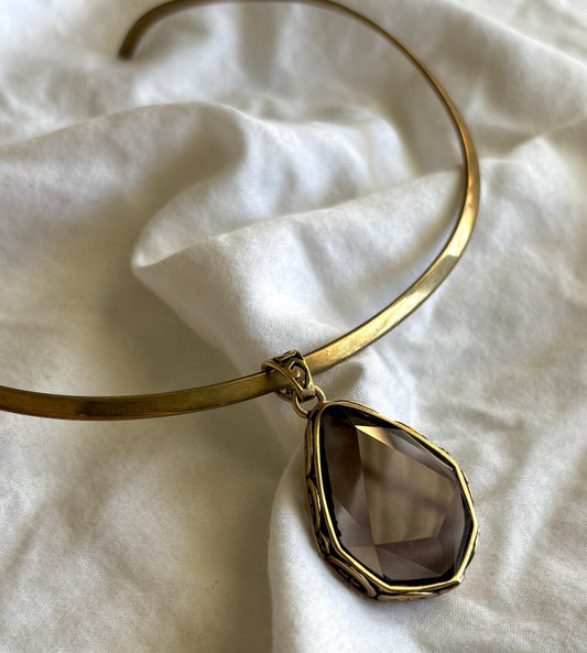 Barse Thailand Smoky Quartz Bronze Collar Choker Necklace Large Gemstone Pendant