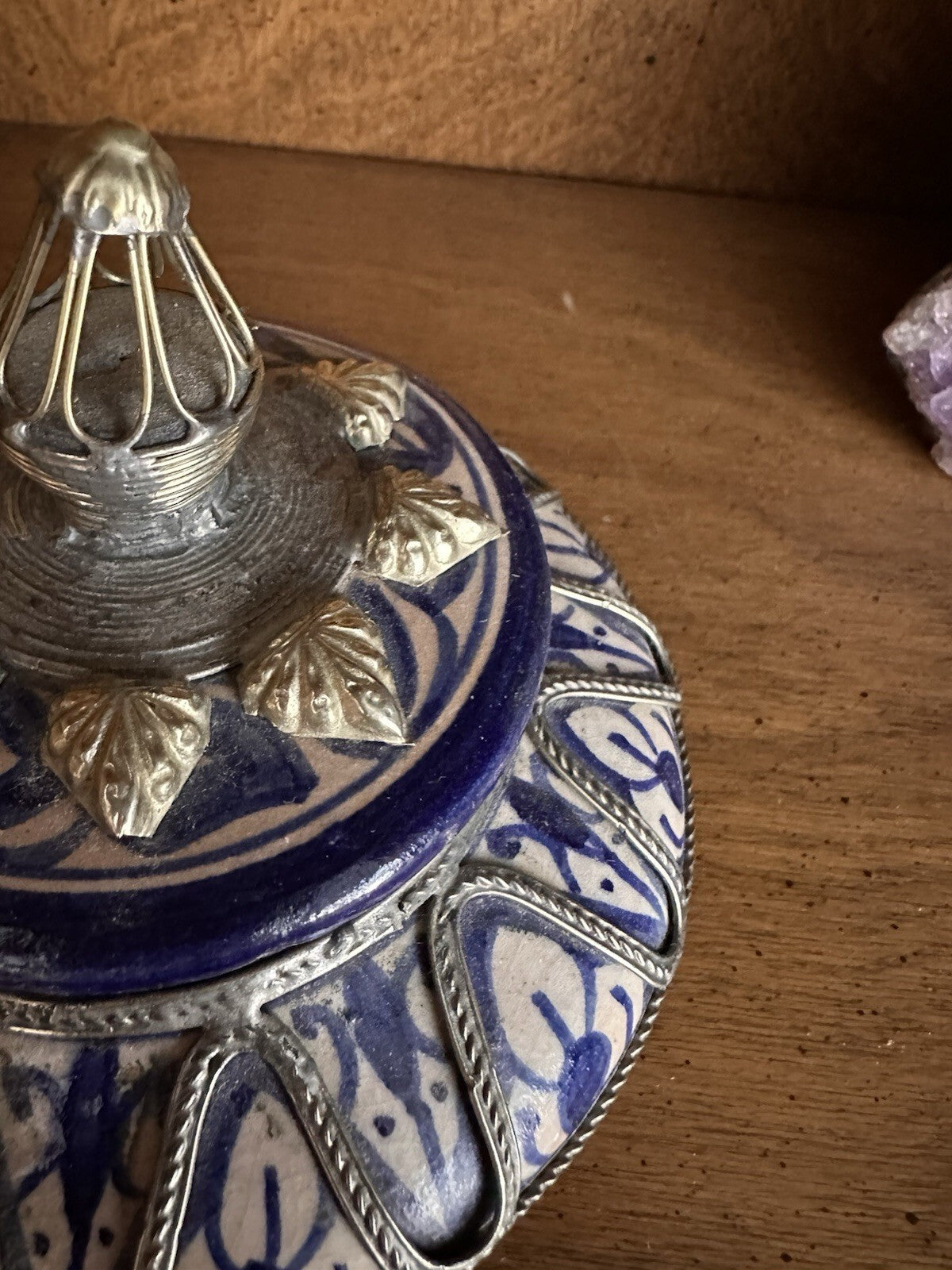 Vintage Moroccan Fes pottery lidded jar, blue and white with metal filigree, photo 9