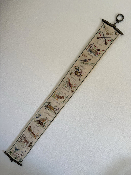 Vintage Danish Scandinavian Bell Pull Hunting Embroidery Birds Deer Wall Hanging