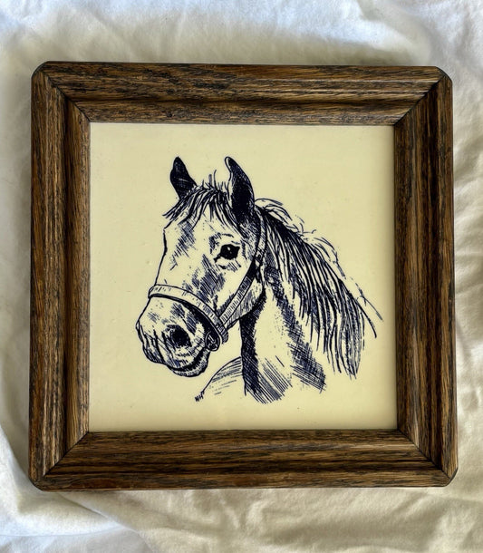 Vintage 7” Framed Horse Ceramic Tile Equestrian Art Wood Frame Wall Decor Dutch