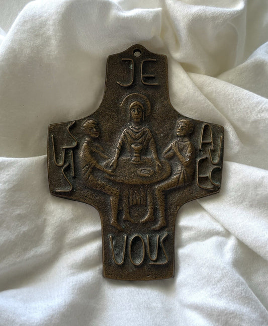 Vintage Bronze Cross Jesus Emmaus Religious Wall Plaque Germany Brutalist