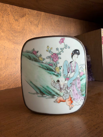 Vintage Porcelain Shard Box with Brass Frame, Lady and Child