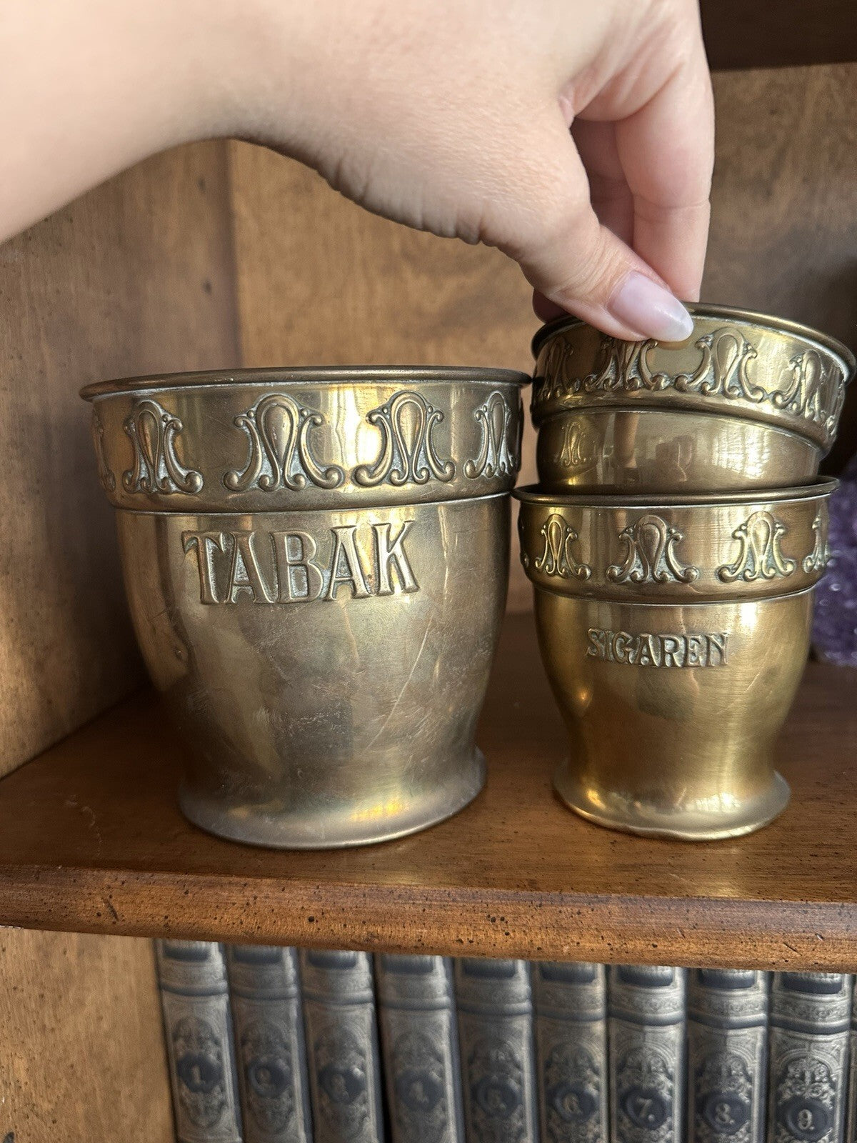 Antique Dutch brass TABAK and SIGAREN tobacco jars by RIO Tiel, set of 3, photo 2