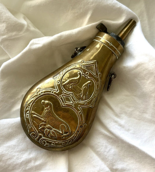Vintage Brass Gunpowder Flask Hunting Dog Duck Birds Embossed Victorian Style