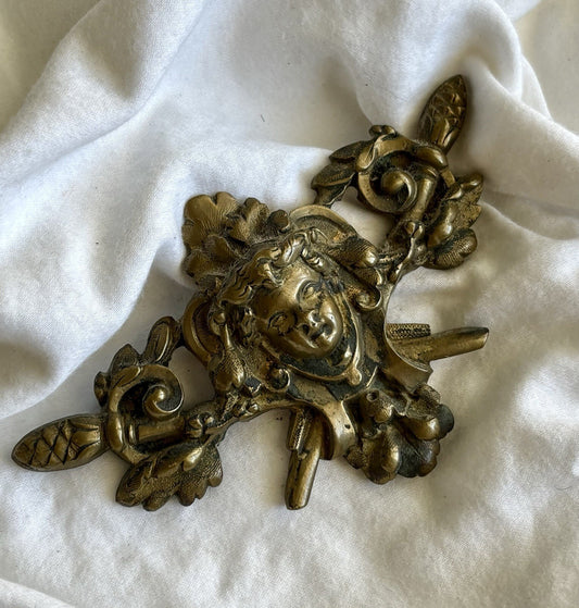 Antique Brass Bronze Furniture Mount Female Face Rococo French Figural Applique