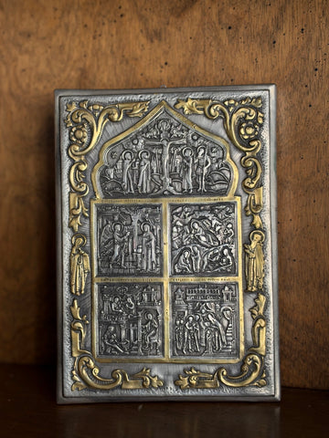 Vintage Embossed Orthodox Icon Plaque, Crucifixion and Four Feasts