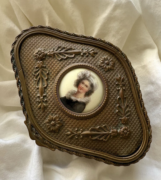 Antique French ormolu jewelry box with portrait miniature