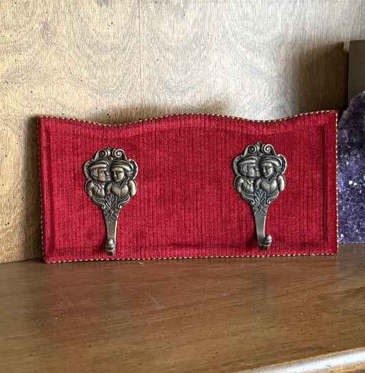 Vintage 1950s Brass Figural Wall Hooks Red Velvet Coat Rack European MCM Hanger