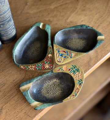 Vintage DAYAGI Israel Brass Ashtrays Set 3 Hand Painted MCM Folk Art