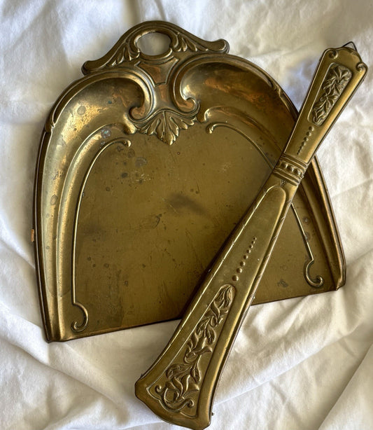 Antique Brass Crumb Tray & Brush Set Art Nouveau Floral Table Sweeper Dutch 1900