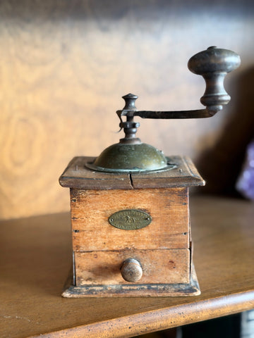 Antique Peugeot Frères Coffee Grinder, Wood and Brass, Early 1900s