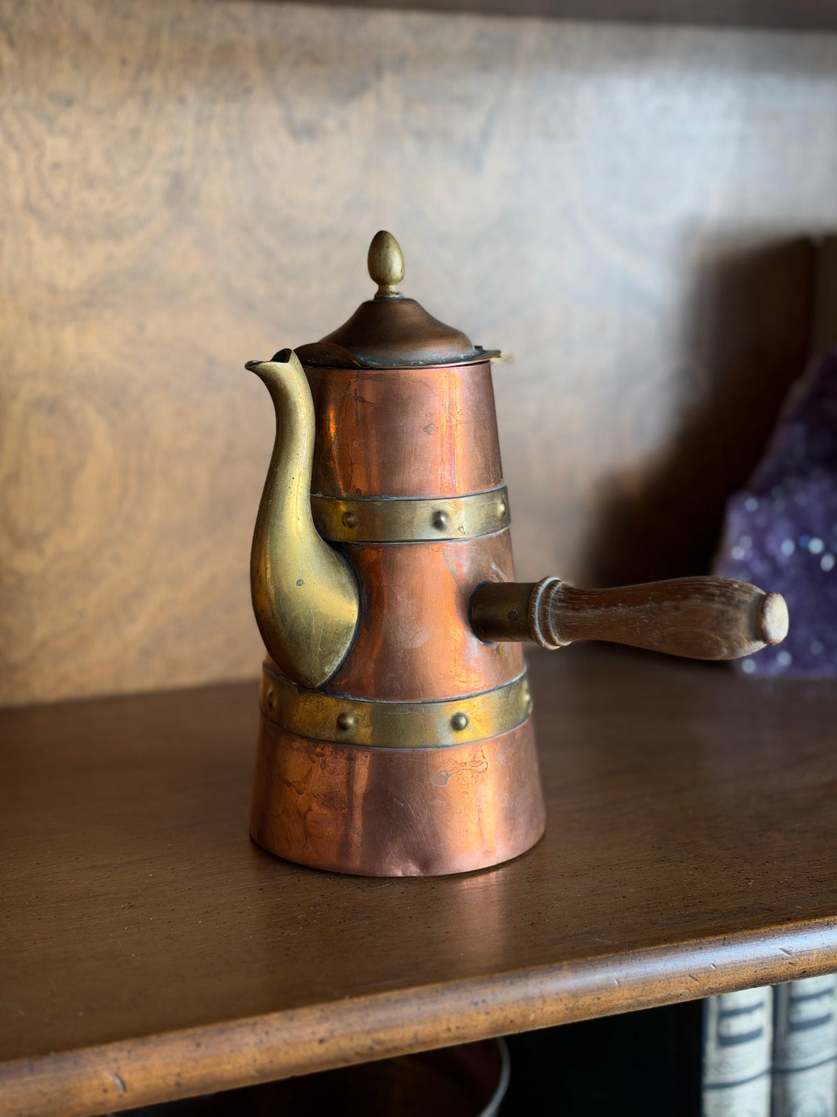 Vintage Mexican Copper and Brass Chocolate Pot with Wood Handle