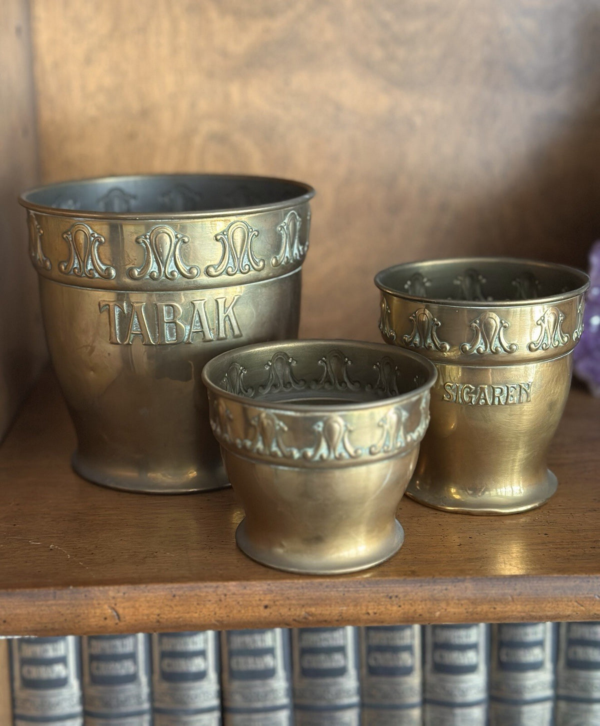 Antique Dutch brass TABAK and SIGAREN tobacco jars by RIO Tiel, set of 3