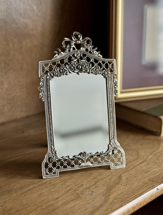 Vintage 800 Silver Ornate Vanity Table Mirror Frame Floral Easel AFRAM 7x4