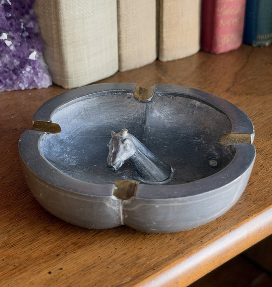 Vintage Horse Ashtray Brass Accents Equestrian Metal Pewter Silver Tone