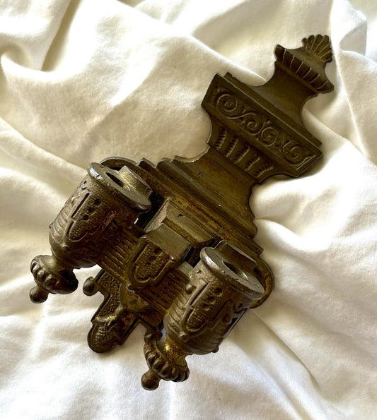 Antique Victorian Cast Brass Double Match Holder Wall Mount Fireplace Match Safe