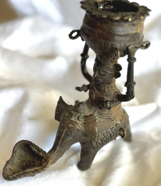 Antique Vintage Indian Dhokra Gaja Lakshmi Elephant Bronze Oil Lamp Folk Art 1900