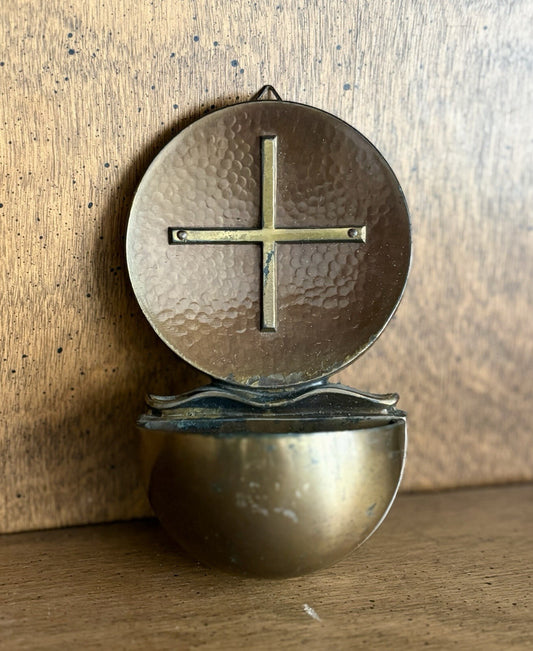 Vintage German Holy Water Font Brass Copper Cross Hammered Metal Wall Stoup