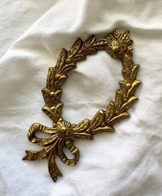 Antique Cast Brass Laurel Wreath Bow Applique French Louis XVI Furniture Mount
