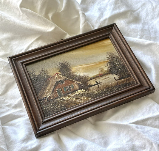Vintage Dutch Landscape Oil Painting Cottage by Water Framed Original 5x7 Art