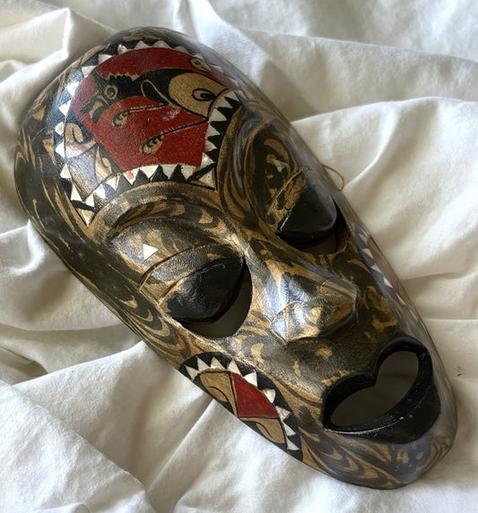 Vintage Indonesian Lombok Wood Mask Hand Carved Mother of Pearl Inlay Tribal Art