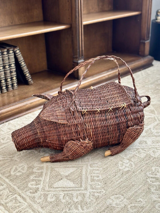 Vintage Wicker Pig Basket Handwoven Boar Figural Storage Tote Lid Handle
