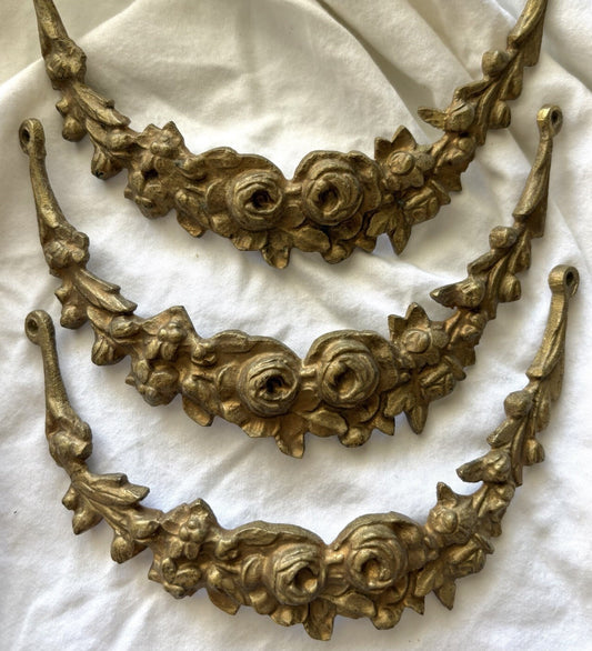 Gilded Set 3 Vintage Brass Floral Furniture Mounts Appliques Roses French Rococo