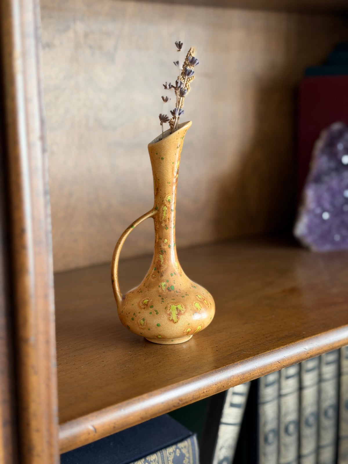 Vintage Speckled Ochre and Green Pottery Bud Vase with Handle
