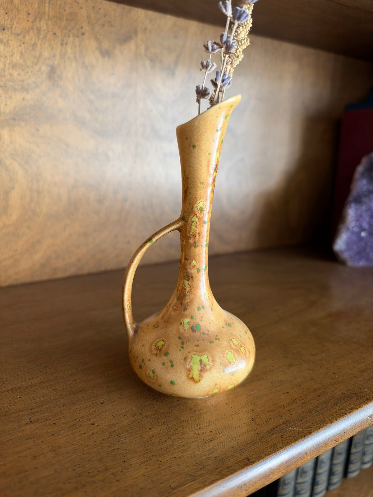 Vintage Speckled Ochre and Green Pottery Bud Vase with Handle view 2