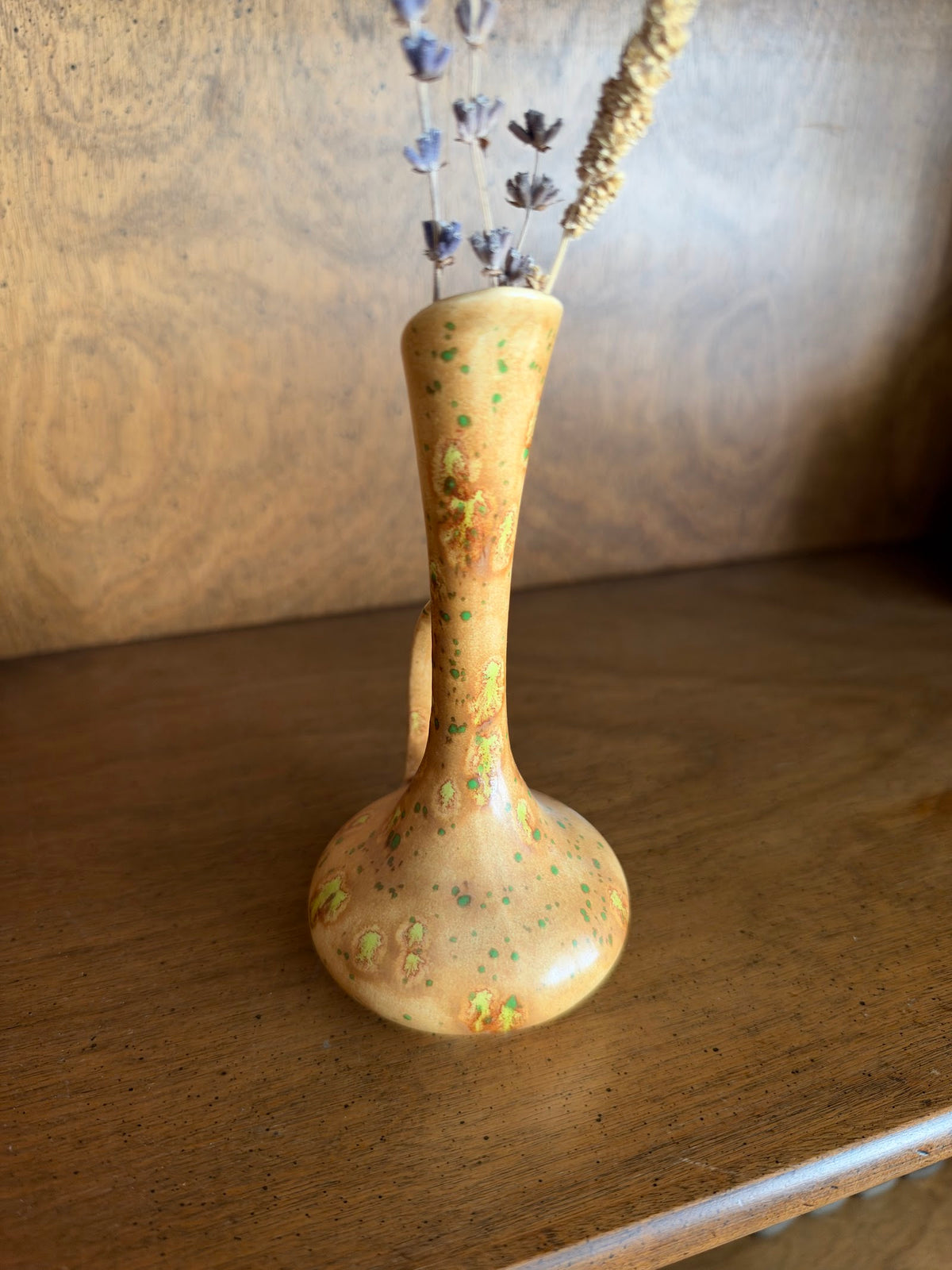 Vintage Speckled Ochre and Green Pottery Bud Vase with Handle view 3