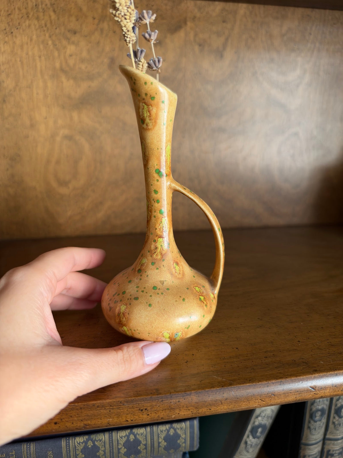 Vintage Speckled Ochre and Green Pottery Bud Vase with Handle view 4