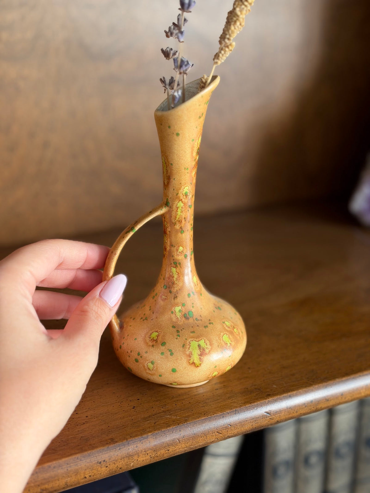 Vintage Speckled Ochre and Green Pottery Bud Vase with Handle view 6