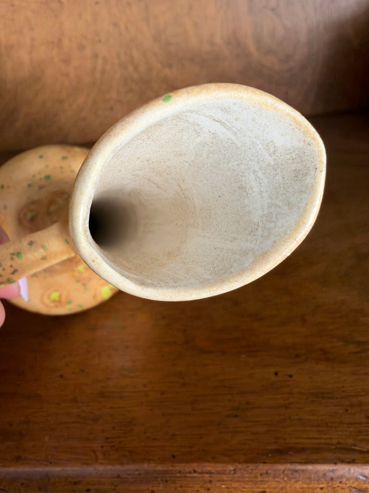 Vintage Speckled Ochre and Green Pottery Bud Vase with Handle view 7