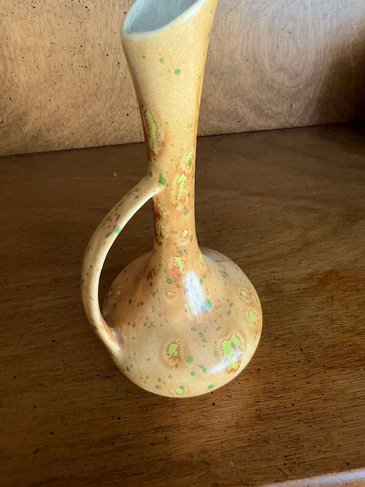 Vintage Speckled Ochre and Green Pottery Bud Vase with Handle view 8
