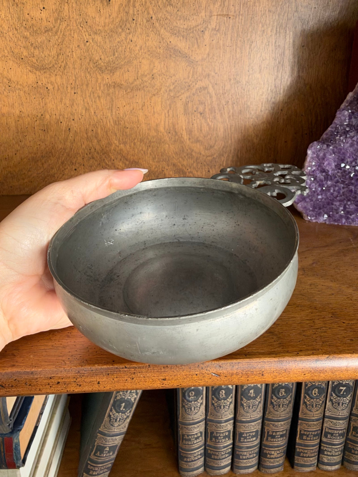 Antique Calder Pewter Porringer, Flowered Handle, Providence RI view 4